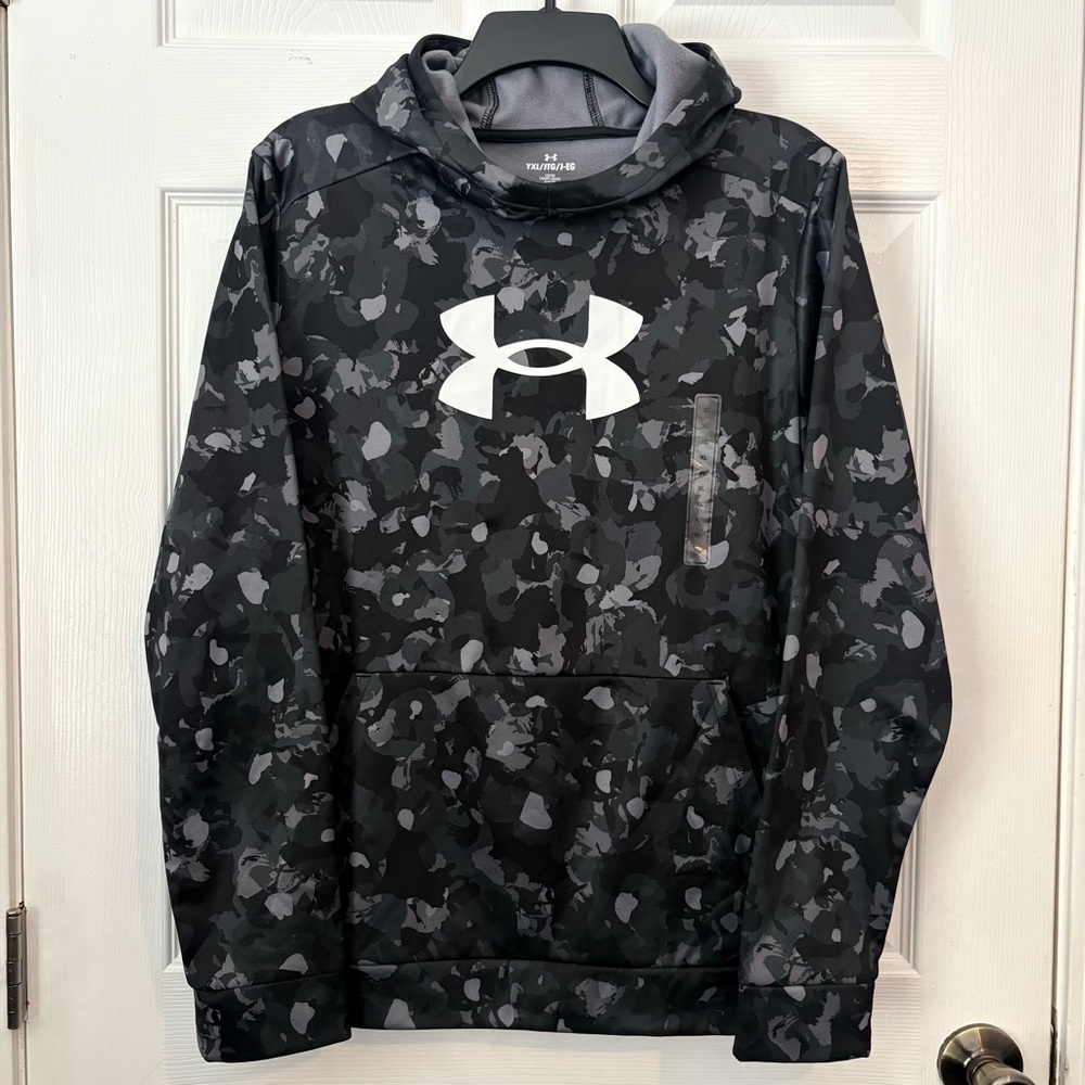 Under Armour Boys Hoodie Size Youth XL Black Camo All Over Print Big Logo NWT